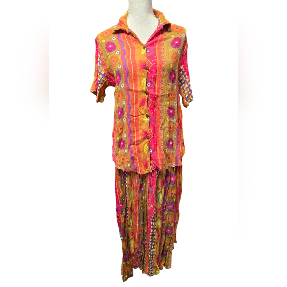 Vintage Bohemian Vibrant Colorful 2-piece Blouse and Maxi Skirt Set
